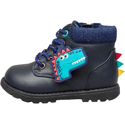 £16.99 • Buy Boys 3d Dino Navy Blue Lace Up Side Zip Ankle Casual Boots Shoes Uk Size 6-12