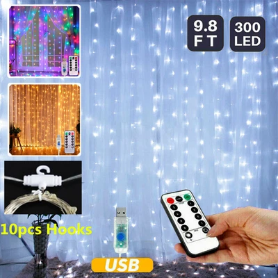 $10.49 • Buy 300 LED Curtain Fairy String Lights USB Window Hanging Wedding Party Decor Lamp