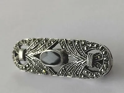 Art Deco Jet Black Marcasite  Sterling Silver Brooch • $15