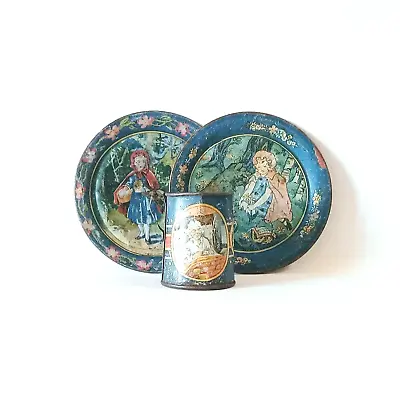 Vintage Little Red Riding Hood Tea Set 3 Pieces Tin Lithograph • $20