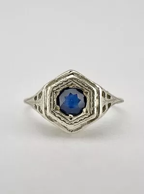 Antique Art Deco 14k White Gold Old Cut Blue Sapphire Engagement Solitaire Ring • $225