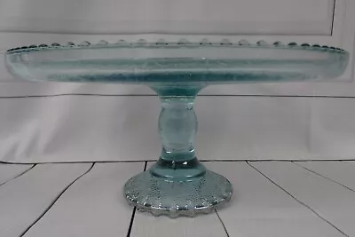 Vintage Jeanette Ice Blue Harp Glass Cake Stand Diamond Pattern Beaded Rim • $40