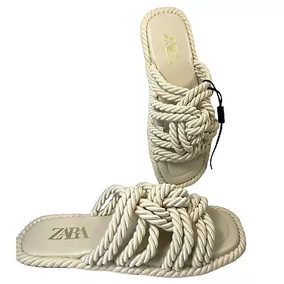 Zara Beige Strappy Sandals Flats Knotted Rope Beach Nautical Coastal Boho 8 NWT • $24.99