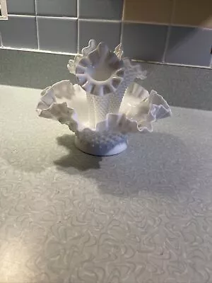 FENTON MILK GLASS HOBNAIL RUFFLED 3 HORN EPERGNE VASE Vintage Awesome • $54.99