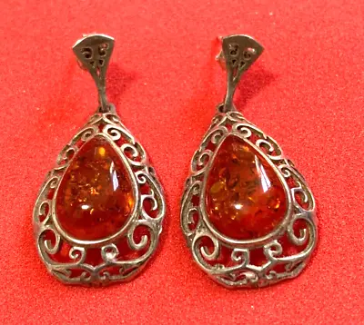 Vntg Sterling Silver 925 Baltic Amber Pear Shap Post Back Drop Dangle Earrings • $59