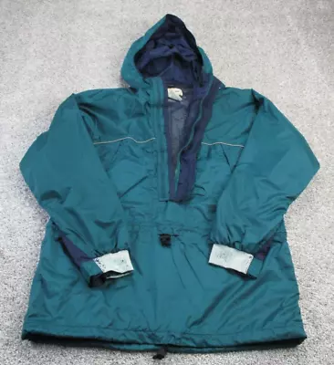 VINTAGE LL Bean Mens Parka Jacket Medium Half Zip Teal Blue Hooded Mesh Lined • $18.04