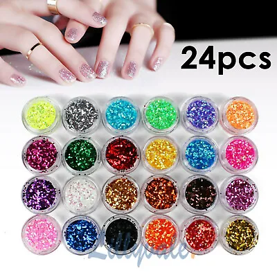 24 Mix Colours Nail Art Craft Acrylic Fine Glitter Powder Pots Tips Decoration • £3.49
