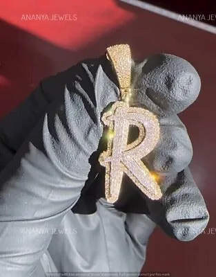 Men's Custom R Initial Pendant 4 Ct Round Cut Moissanite 14K Yellow Gold Plated • $125.93