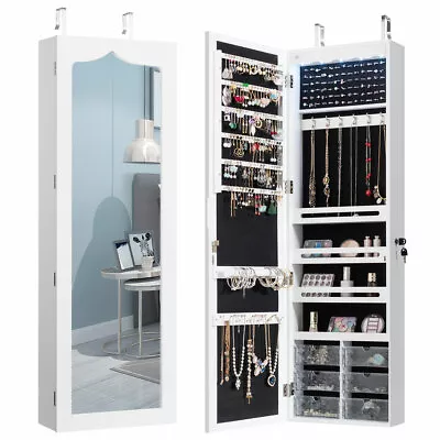 Wall Door Mounted LED Mirror Jewelry Cabinet Armoire Organizer W/6 Drawers White • $119.99