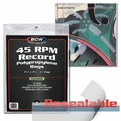 $12.20 • Buy Pack 100 BCW Record Covers 45 Rpm Plastic Outer Bags Holders - RESEALABLE