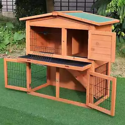 2 Tier Wooden Rabbit Hutch Outdoor Large Guinea Pig Bunny Cage W/ Ramp Slide Out • £117.81