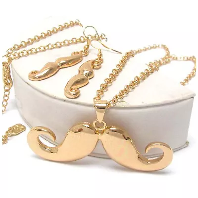 Metal Mustache Pendant And Long Chain Necklace And Earrings Set • $15.95