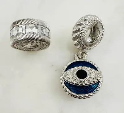 SET Of 2 - Judith Ripka 925 Sterling Silver Sapphire Enamel Evil Eye & CZ Charms • $91.99