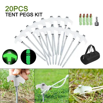 Heavy Duty Steel Drill Screw In Camping Tent Pegs Glow In The Dark Head + Ropes • $33.49