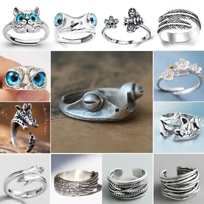 925 Silver Owl Frog Cat Flower Animal Open Rings Finger Adjustable Ring Jewelry • £3.01
