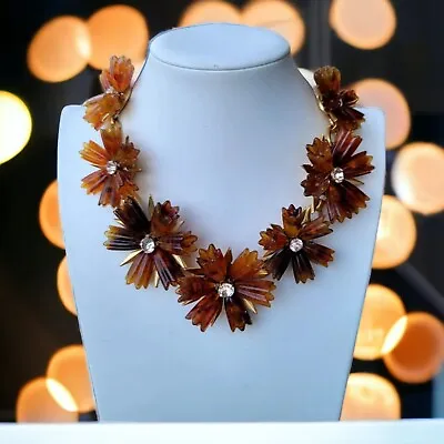 J. Crew Necklace Tortoise Lucite Flower Floral Brass Rhinestone Ribbon • $43.95