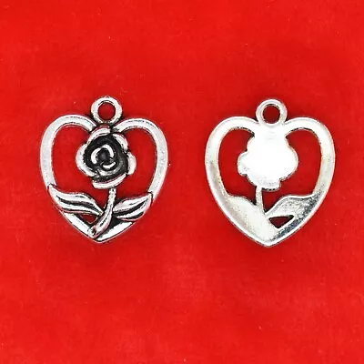 8 X Tibetan Silver Filigree Rose With Love Heart Loveheart Valentine Charms  • £2.49