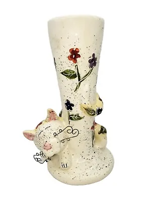 $25 • Buy Cat Vase With Wire Whiskers Hand Crafted Painted Art Pottery Whimsical 3D Vtg 