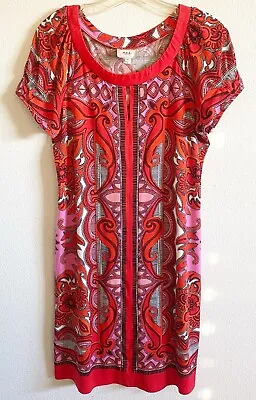 Eci New York Women's Keyhole Shift Dress Short Sleeve Pink Orange Abstract Comfy • $14