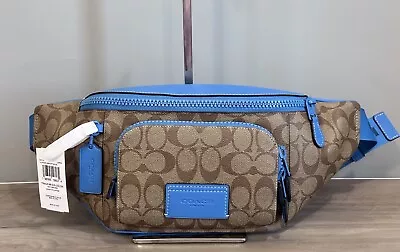 COACH CP013 Track Belt Bag Colorblock Signature Canvas & Leather Khaki/Blue • $168