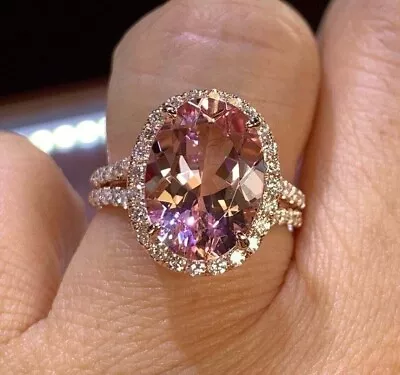 4Ct Oval Cut Simulated Morganite Diamond Halo Ring 14K Rose Gold Plated Silver • $110