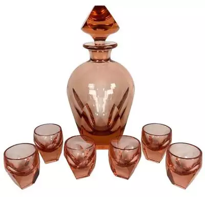 Signed MOSER Rudolf Eschler Art Deco Rosalin Rose Glass Bar Decanter 6 Cordials • $675