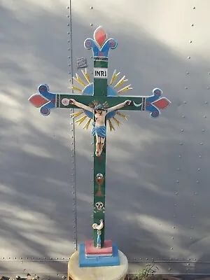 Vintage Huge Polychrome Mexican Folk Art Cross Religious Crucified Jesus Wood  • $900