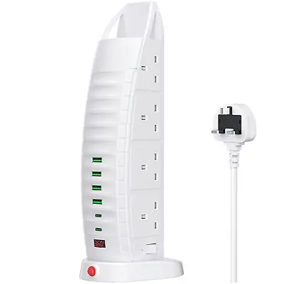 Tower Extension Lead With USB 8 Way 2 Type C 4 USB-A Multi-Socket Extension Cord • £22.59