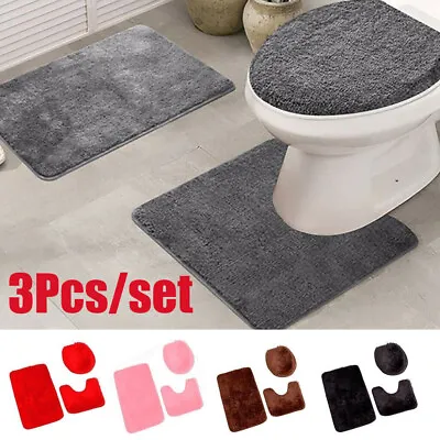 3Pcs Bathroom Mat Set Anti Slip Toilet Rugs Carpet Toilet Lid Cover Bath Mat Set • $13.29