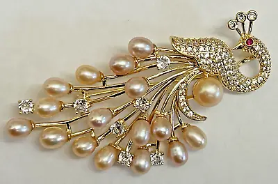 Pink Pearl Peacock Bird Crystal Glass Rhinestone Brooch Pin Gold Tone Vintage • $25.99