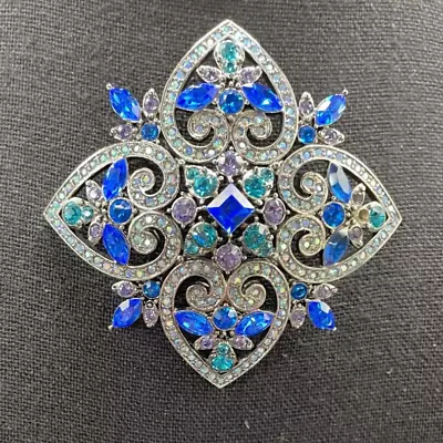 Stunning Joan Rivers Signed Rhinestone Maltese Cross Brooch Lilac Blue Green • $39