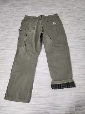 Carhartt Flannel Lined Green Canvas Work Pants Mens Actual Size 38 X 28 M1475 • $17.99