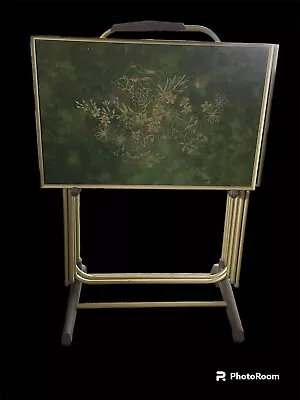 Vtg Mid Century Modern Set Of 4 Metal TV Trays Stand Cart Green Gold • $59.99