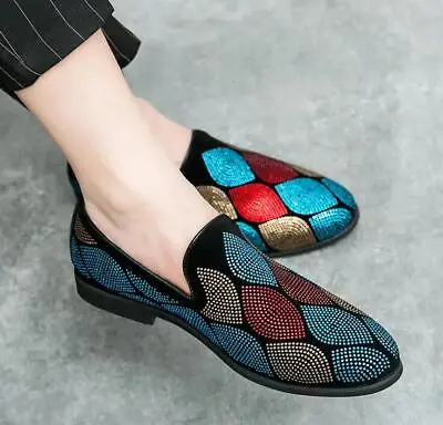 Mens Colorful Rhinestone Slip On Casual Shoes Round Toe Slip On Loafers Oxfords • $60.05