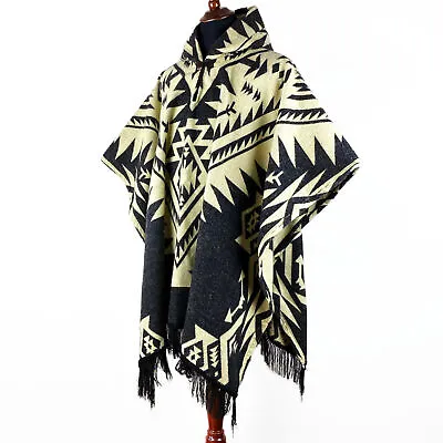 Alpaca Wool Mens Unisex Hooded Poncho Aztec All Seasons Boho Hippie Halloween • £117.30