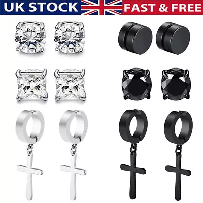 Mens Clip On Earrings Cross Drop Dangle Hoop Non Pierced CZ Magnetic Studs Gifts • £4.39