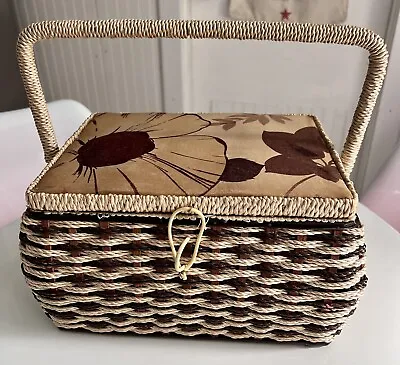 $7.99 • Buy Vintage Floral Brown Fabric Top Woven Sewing Basket Box TLC