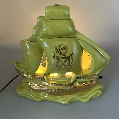 Vintage Mid Century Green GOLD Ceramic Galleon Ship TV Lamp Boat Light Works! • $44.67