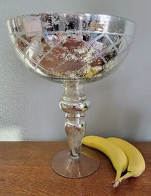 Pedestal Bowl Oversized Mercury Style Glass Cut Cross-hatch Design Mottled • $30.96