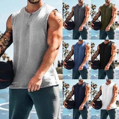 Men Gym Sleeveless Button Fitness Sports Muscle Hooded Vest T-Shirt Tank Top UK. • £5.79