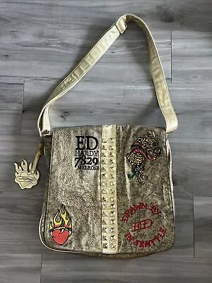 Ed Hardy Christian Audigier Gold Graphic Messenger Handbag Used • $39.99