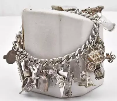 Vintage Sterling Silver Cuban Bracelet 23 Different Charms Many 3 Dimensional • $129