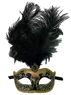 Black Gold Feather Venetian Masquerade Mardi Gras Jewel Mask  • $22.99
