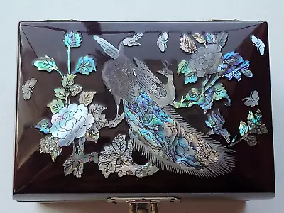 Dark Red Korean Lacquer Jewelry Box Mother Of Pearl Inlay Peacock • $24.99