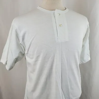Vintage Henley T-Shirt Large White Two Button Cotton Single Stitch Deadstock 80s • $24.99