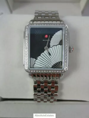New Michele Deco II Mid 16 Diamond Silver Black Gingko Fan Watch MW06I01A1089 • $1198.98