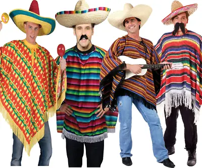 Mens Ladies Adults Mexican Costume Poncho Bandit Wild Western Fancy Dress • £14.99