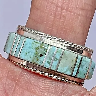 Navajo Inlay Turquoise Wedding Band Sz 13 Mens Ring 12mm Signed Panteah Green • $159.95