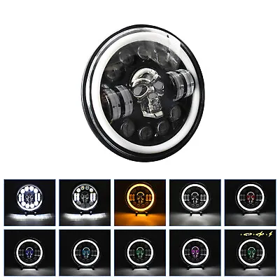 7inch Motorcycle LED Skull Headlight Hi/Lo Beam Headlamp Fog Light Turn Signal • $54.55