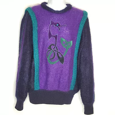 Vintage Celtic Viking Sweater M Seahorse Serpent Navy Blue Purple Teal Mohair • $106.21